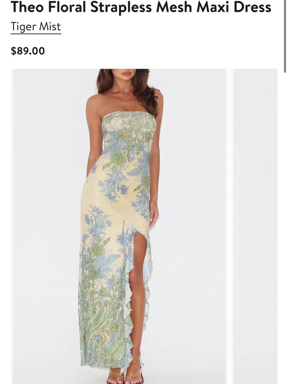 Tiger Mist Cream Strapless Floral Mesh Maxi Dress with Blue & Green Print